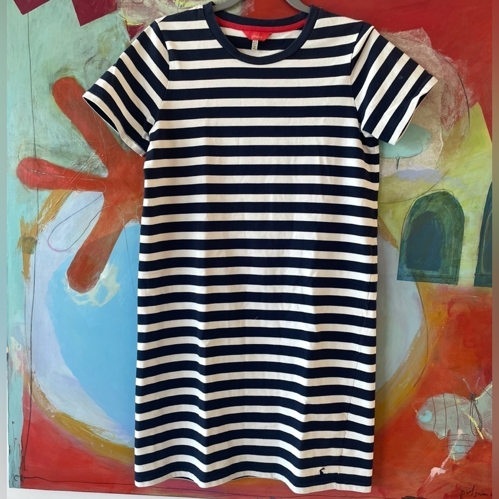 Joules Dress Size 4 Blue White Strip Short Sleeve A Line Jersey Cotton Crew Neck - Picture 1 of 5